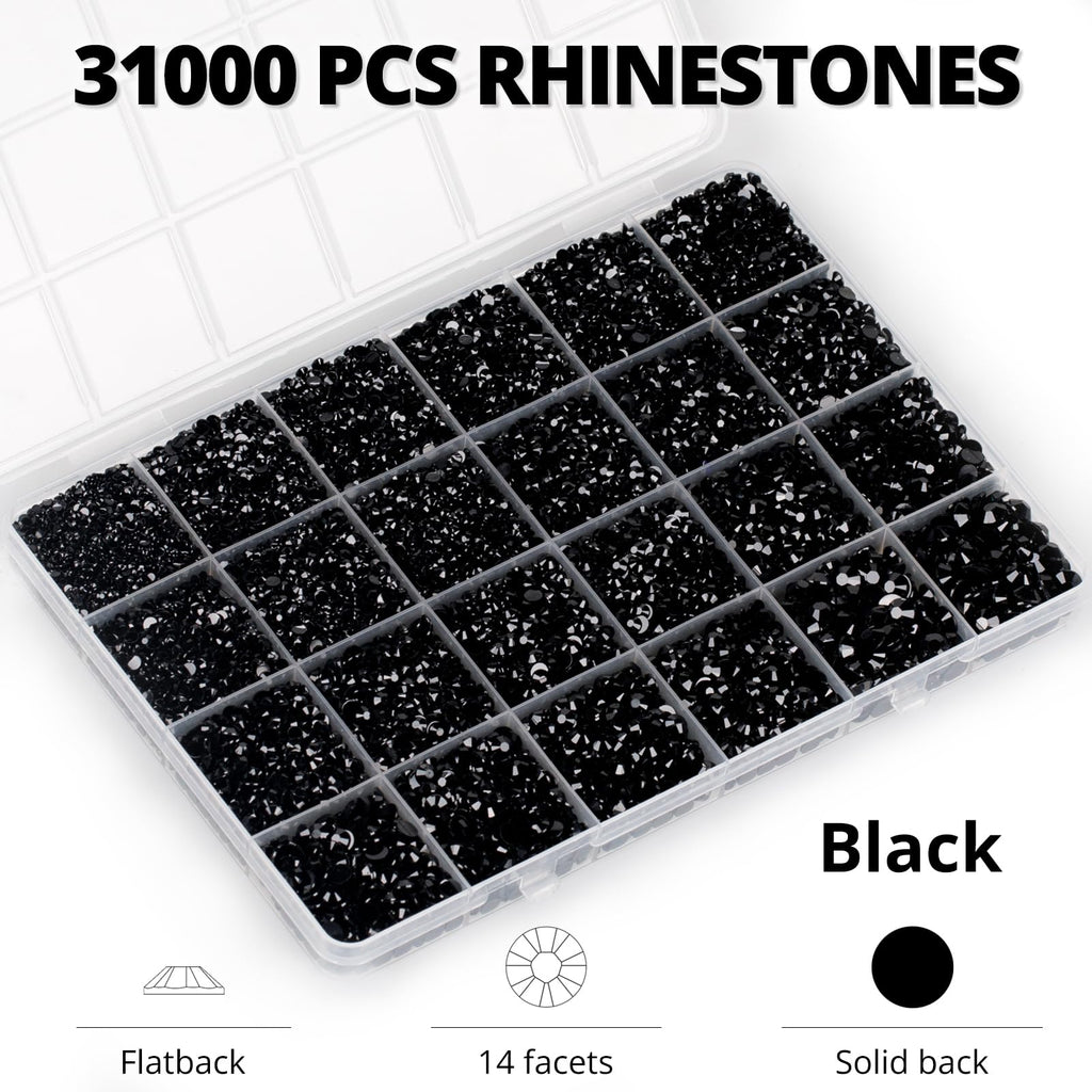 35000Pcs Black Rhinestones for Bedazzling, Flatback Bedazzle Gems Crystal | 2,3,4,5,6mm Flat Back Resin Diamond Rinestones Bedazzler Kit Jewels with 3Pcs b7000 Glue for Dress Crafting Clothing Shoes