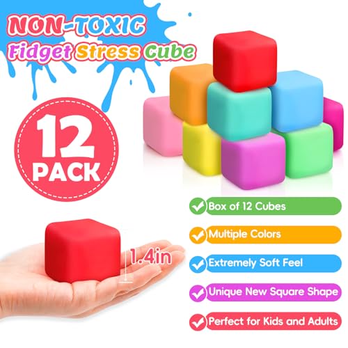 VISCOO 12 Pack Slow Rising Stress Cube, Stress Balls Fidget Squishy Toys | Squeeze Toy for Anxiety Relief, Pull Stretch Squishy Ball for Classroom Prize, Party Favors for Kids Adults
