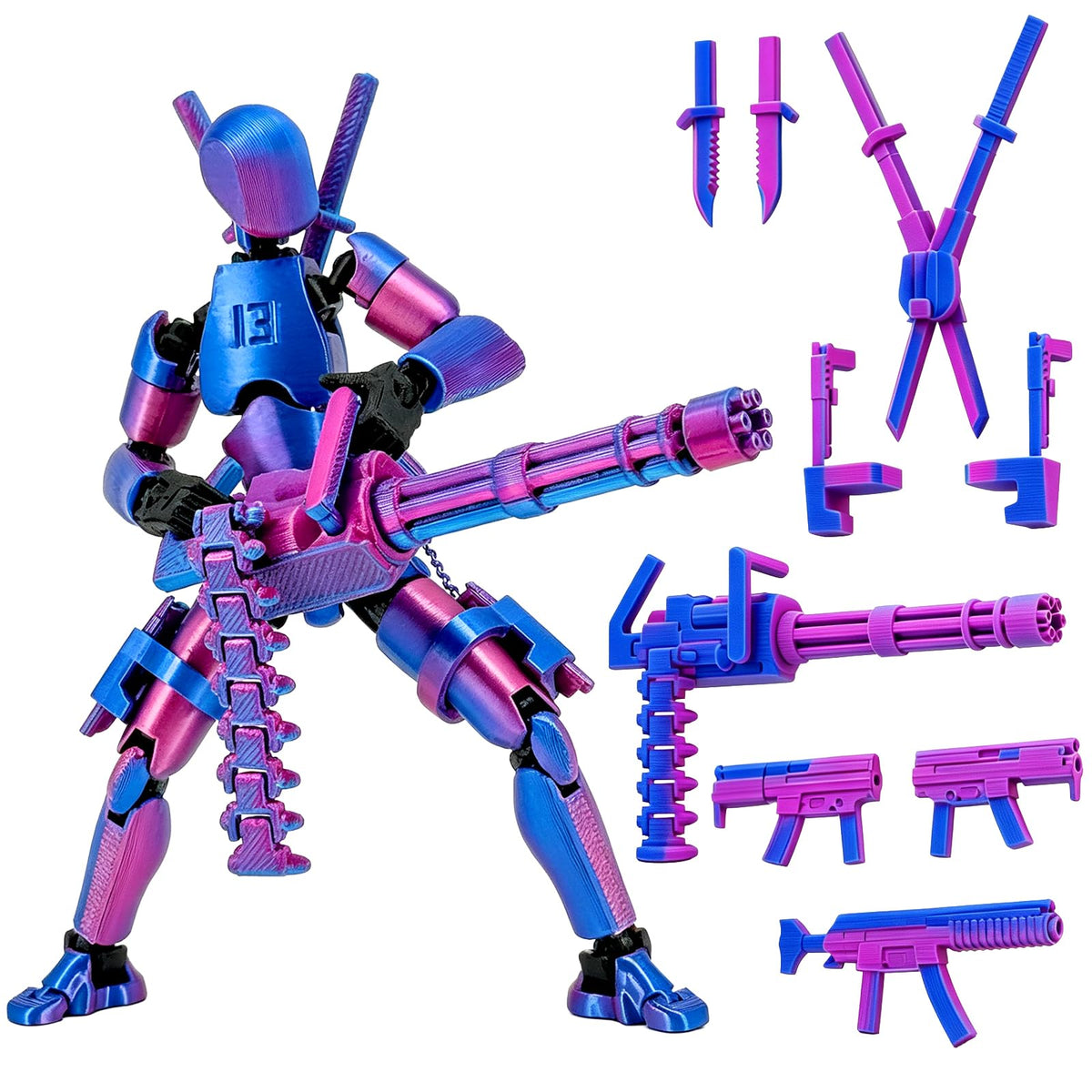 Gatling Gun Titan 13 Action Figure Set【Assembled】, Robot T Action Figure 3D Printed Dummy 13 Action Fidget Toys Figure Articulated, Lucky 13 for Collectors Desktop Decorations (Purple Blue)