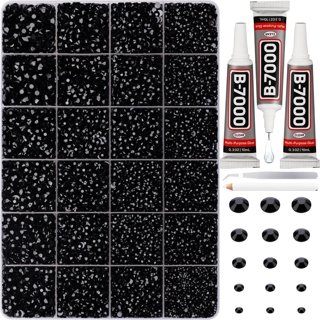 35000Pcs Black Rhinestones for Bedazzling, Flatback Bedazzle Gems Crystal | 2,3,4,5,6mm Flat Back Resin Diamond Rinestones Bedazzler Kit Jewels with 3Pcs b7000 Glue for Dress Crafting Clothing Shoes