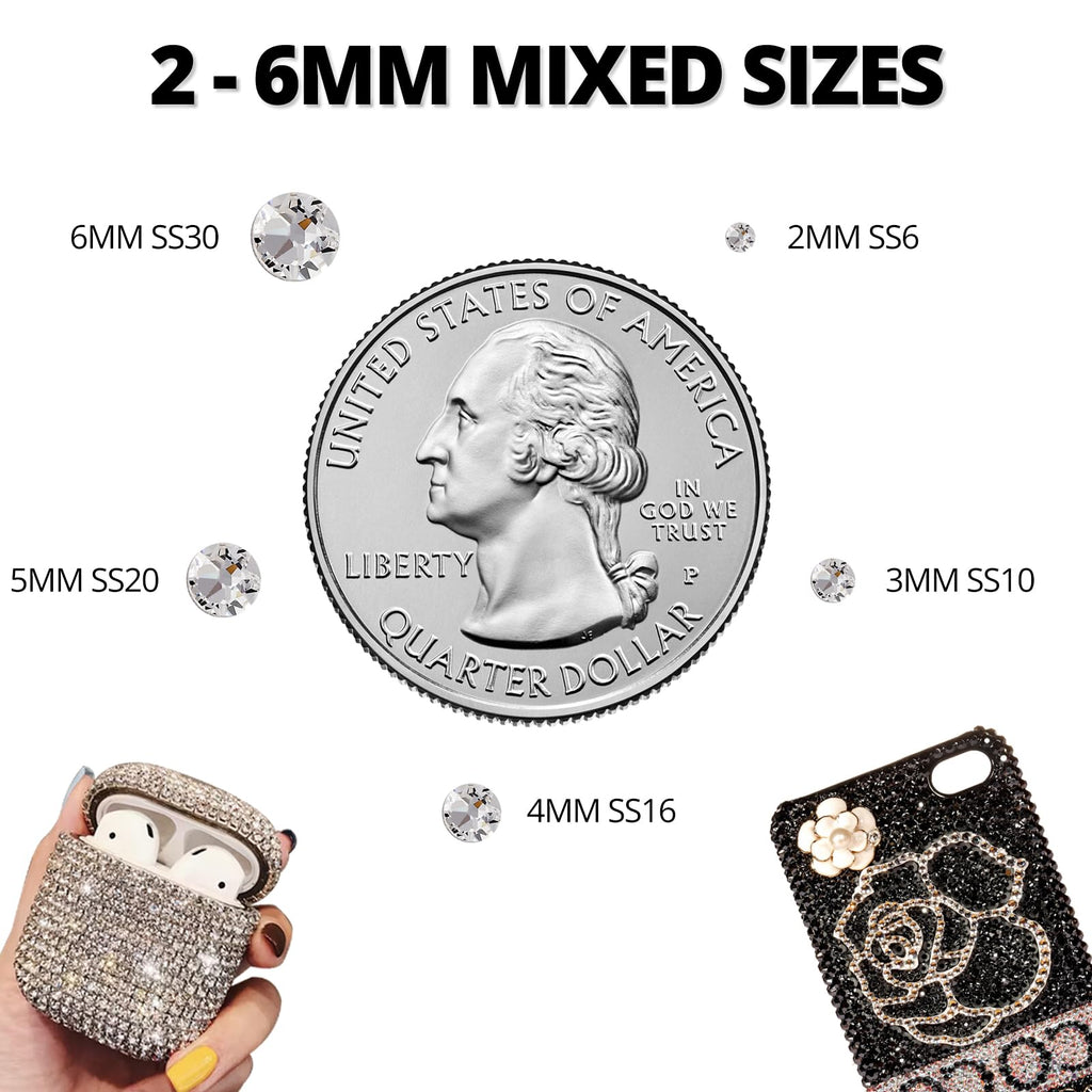 35000Pcs Black Rhinestones for Bedazzling, Flatback Bedazzle Gems Crystal | 2,3,4,5,6mm Flat Back Resin Diamond Rinestones Bedazzler Kit Jewels with 3Pcs b7000 Glue for Dress Crafting Clothing Shoes