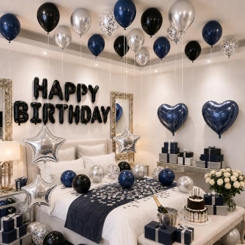 Navy Blue and Black Birthday Decorations for Men Happy Birthday Banner | Blue Black and Silver Confetti Balloons Happy Birthday Decorations for Men Boys Party Decor