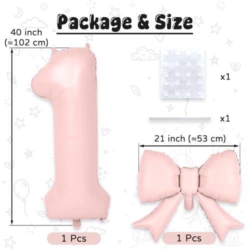 40 Inch Pink Number 1 with Bow Balloon for Girls 1st Birthday Decorations