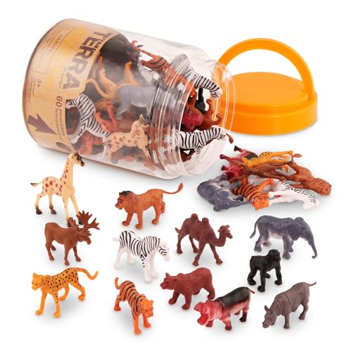 Terra by Battat Wild Animal Figurines Tube, 60 Mini Safari Figures, Animals | 60 realistic mini wild animal figures in a portable tube for pretend play, crafts, dioramas, sensory bins, Animals, 3+ Years