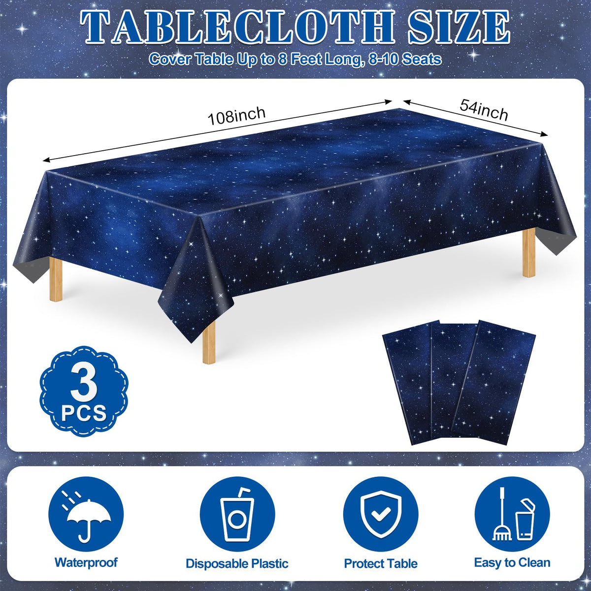 3 Pack Plastic Space Tablecloths, Disposable Galaxy Themed Tablecloth | Waterproof Rectangle Star Party Table Cover for Home Party Decorations 54 x 108 Inch