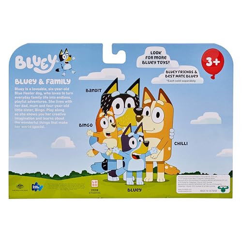 Bluey Family Figure 4-Pack, Poseable Toys with Bingo & Bandit | Movable arms & legs, portable size for on-the-go play; toddler figurine toys for kids ages 3+, thoughtful gift