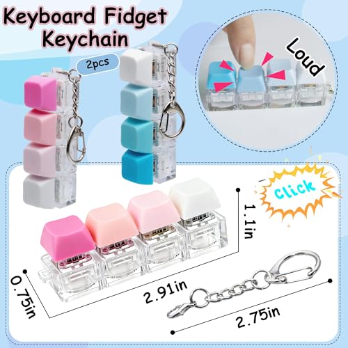 2 PCS Keyboard Fidget Toy, Keyboard Fidget Keychain 4-in-1 Keyboard Decompression Button Finger Clicker Toys (Blue Pink, General)