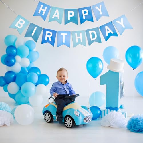 KINGLAKE GARDEN Happy Birthday Banner NO DIY Birthday Sign Blue | Pre-Strung Birthday Hanging Decoration for Women Men Girl Boy Party Supplies (Blue)