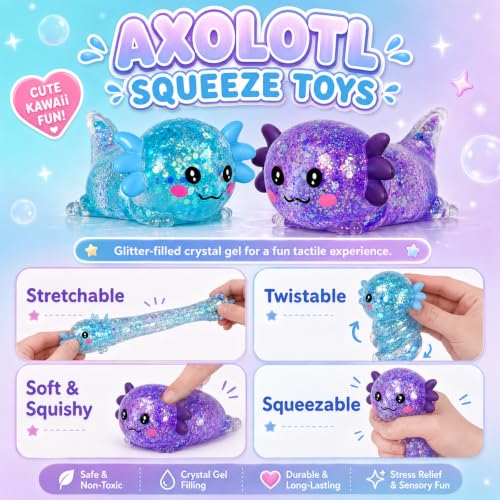 2 Packs Axolotl Squishy Toy, Glitter Fidget Toys Cute Axolotl Stress Relief Squeeze Toy Gifts for Kids Adult, Squishies Toys (pabluepurple)