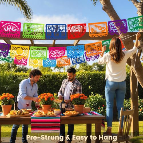DOMESTAR Mexican Party Decoration, 18 FT Plastic Papel Picado Fiesta Banner | Day of the Dead Dia De Los Muertos Garland for Mexican, Birthday Fiesta Party Supplies, Cinco De Mayo Decoration