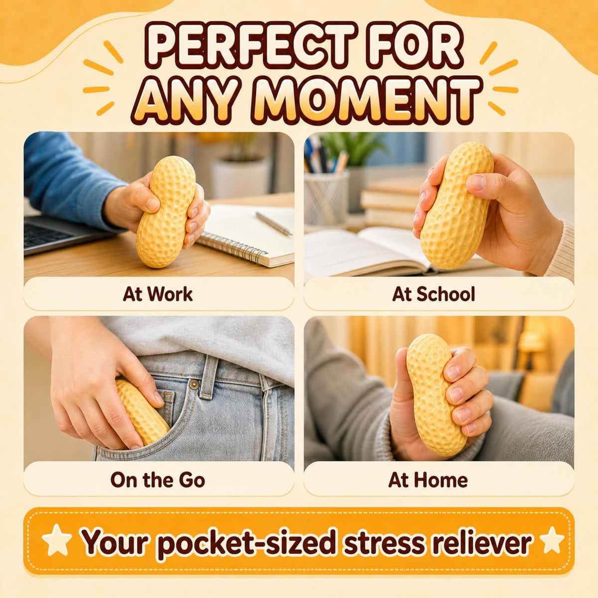Crunchy Peanut Squishies ASMR Toy, Bead Filled Realistic Bar Stress Ball | Soft Sensory Play Moldable Squishies body is easy to press, stretch, and reshape for relaxing hands-on play