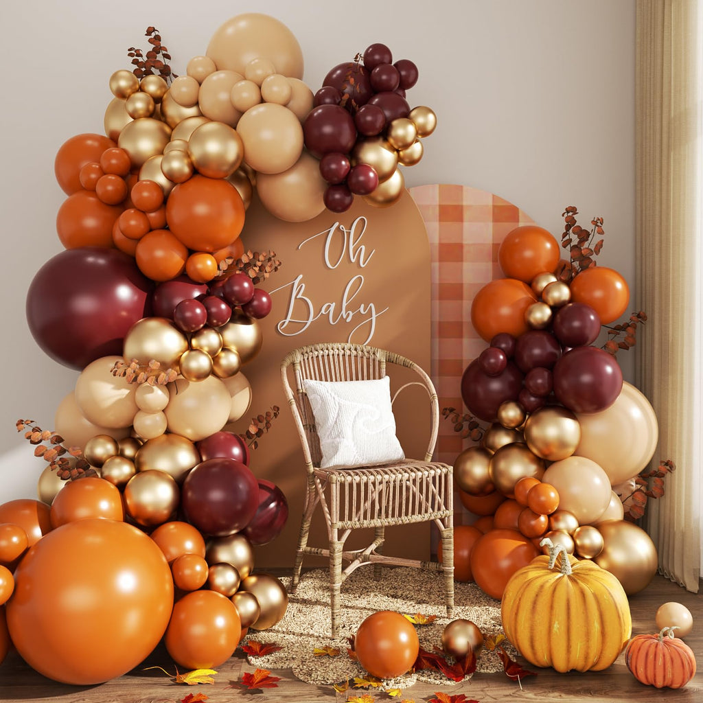 Burgundy Fall Balloon Arch Kit for Autumn Thanksgiving Party Decorations | 124Pcs Burnt Orange Burgundy Gold Nude Balloons, Harvest Baby Shower Wedding Birtday Party Decorations, 124Pcs