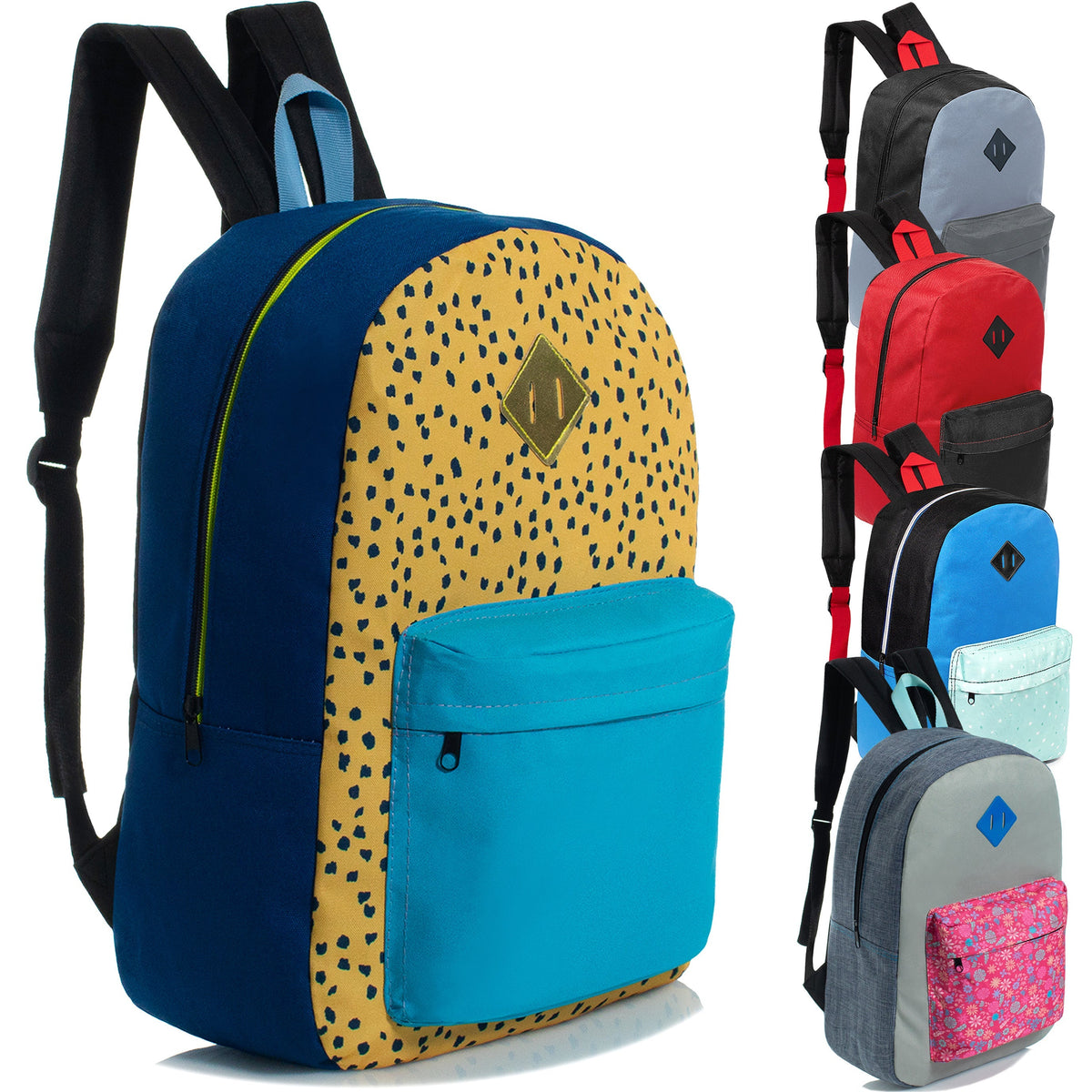 17" Kids Wholesale Backpacks in 5 Assorted Prints & Colors with a Padded Back - Bulk Case of 24 Bookbags