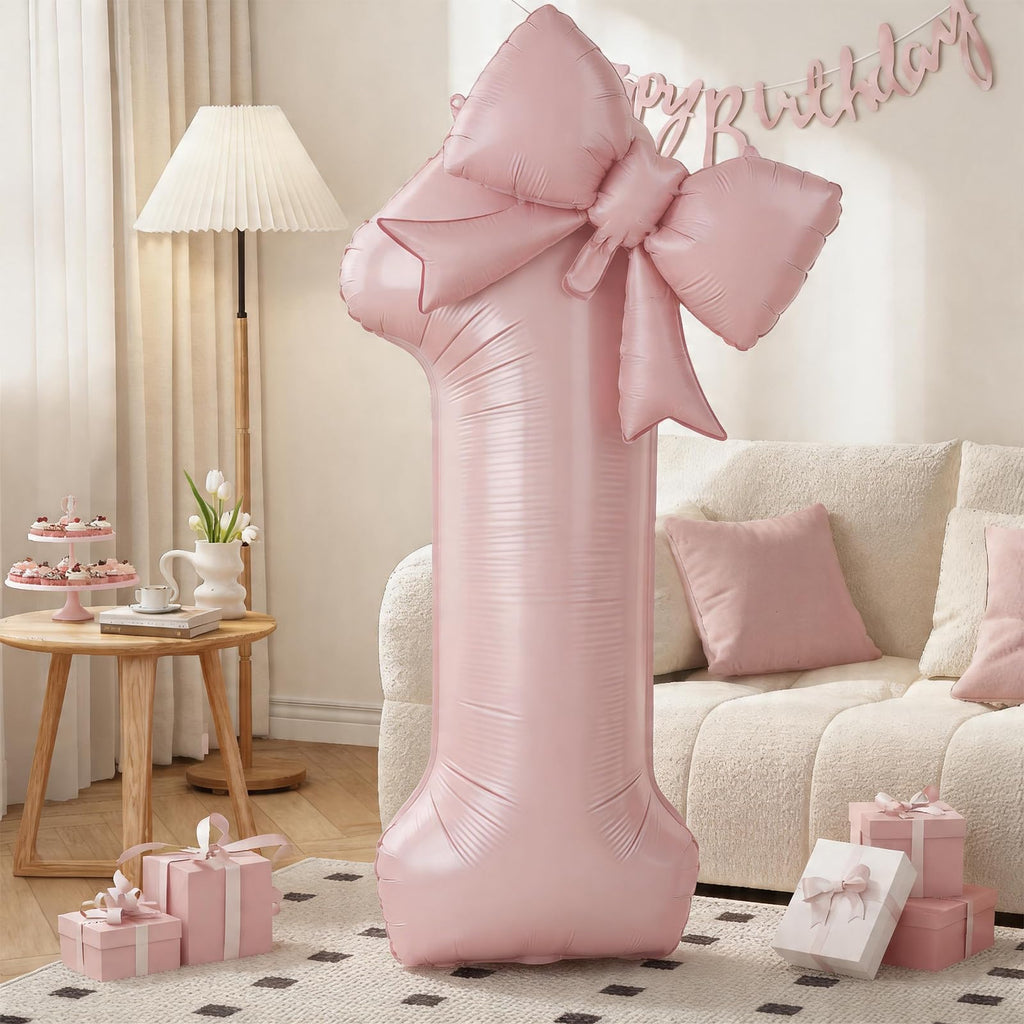 40 Inch Pink Number 1 with Bow Balloon for Girls 1st Birthday Decorations