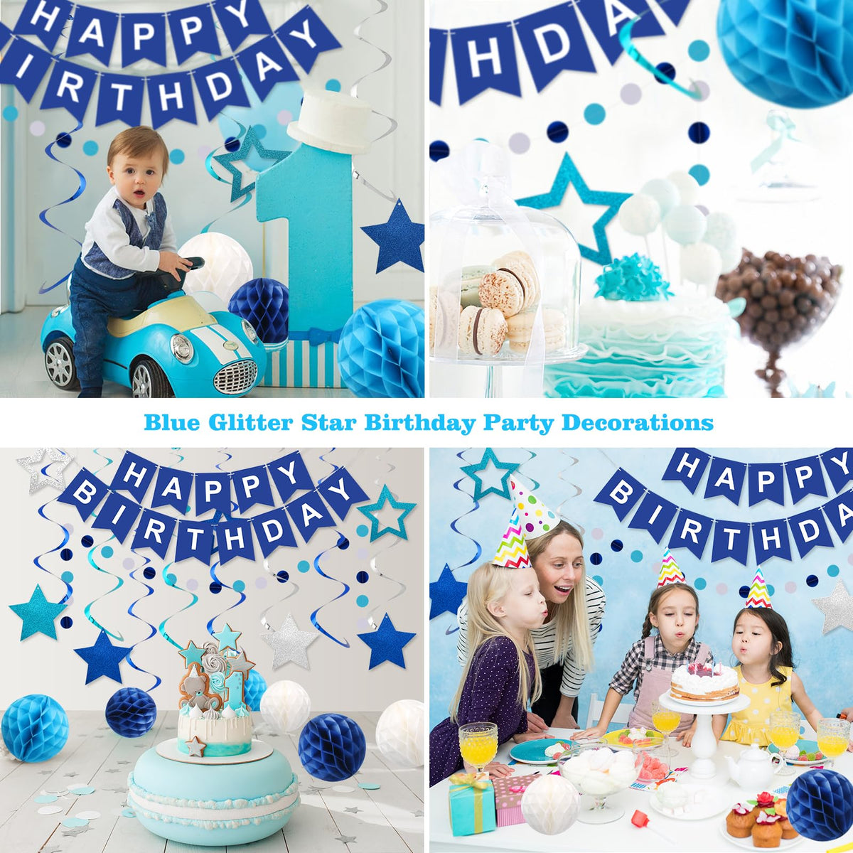 meowtastic Birthday Decorations Happy Birthday Banner with Honeycomb Balls | 16pcs Birthday Set: 1 Banner+6 Honeycomb Balls+8 Star Spirals+1 Circle Dots, Happy Birthday Decor - Blue