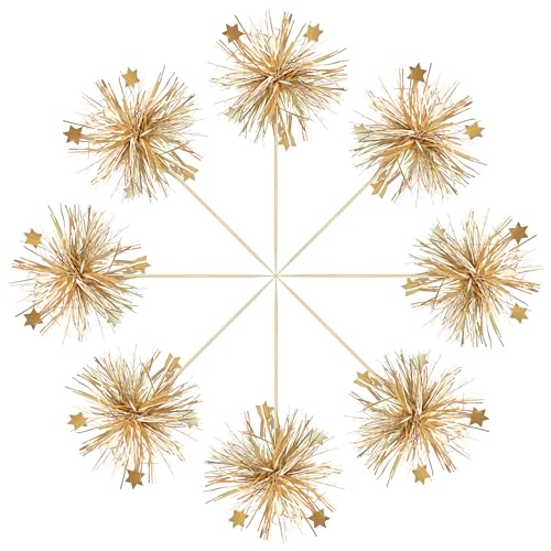 Gyufise 30Pcs Foil Firework Cupcake Toppers Happy Birthday Cake Toppers Sparkle Tinsel Flower Drink Stirrers Cocktail Food Fruit Toothpicks for Valentine's Day Party Supplies Gold
