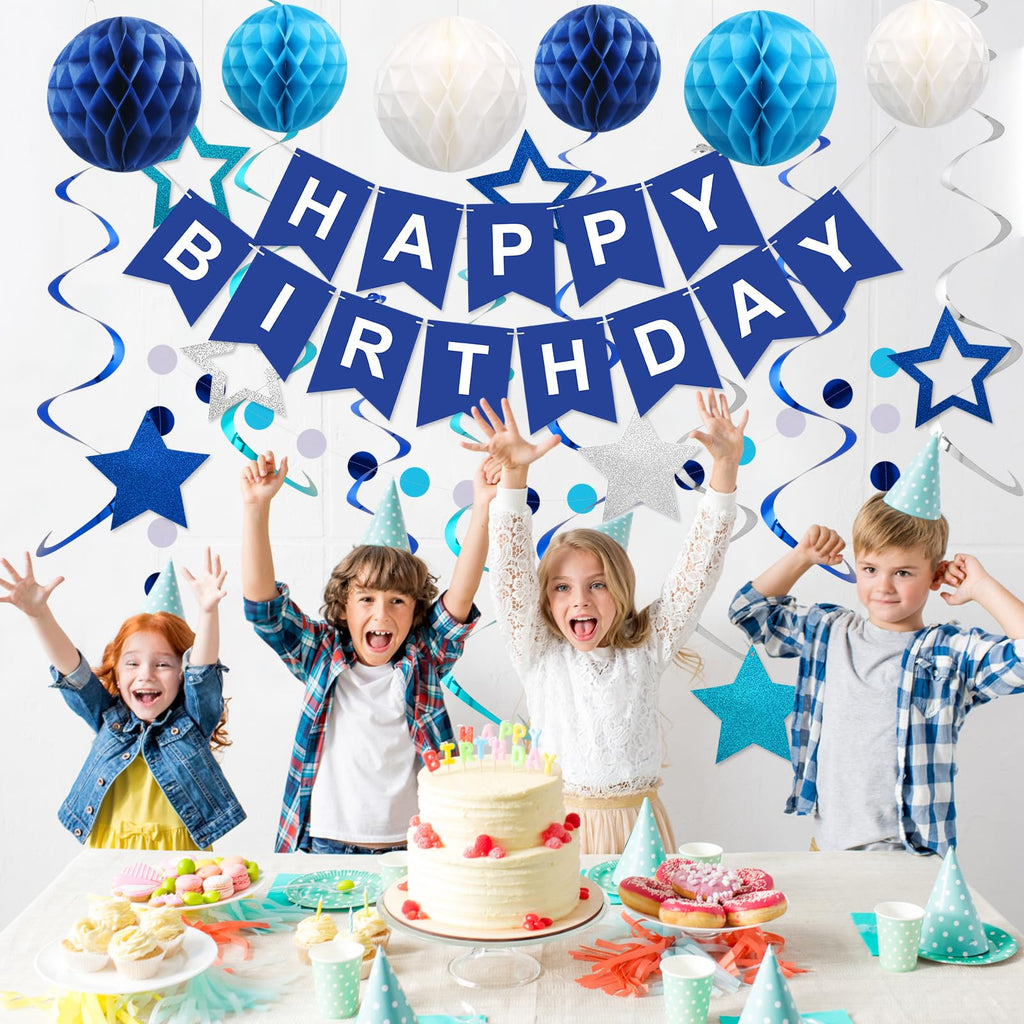 meowtastic Birthday Decorations Happy Birthday Banner with Honeycomb Balls | 16pcs Birthday Set: 1 Banner+6 Honeycomb Balls+8 Star Spirals+1 Circle Dots, Happy Birthday Decor - Blue