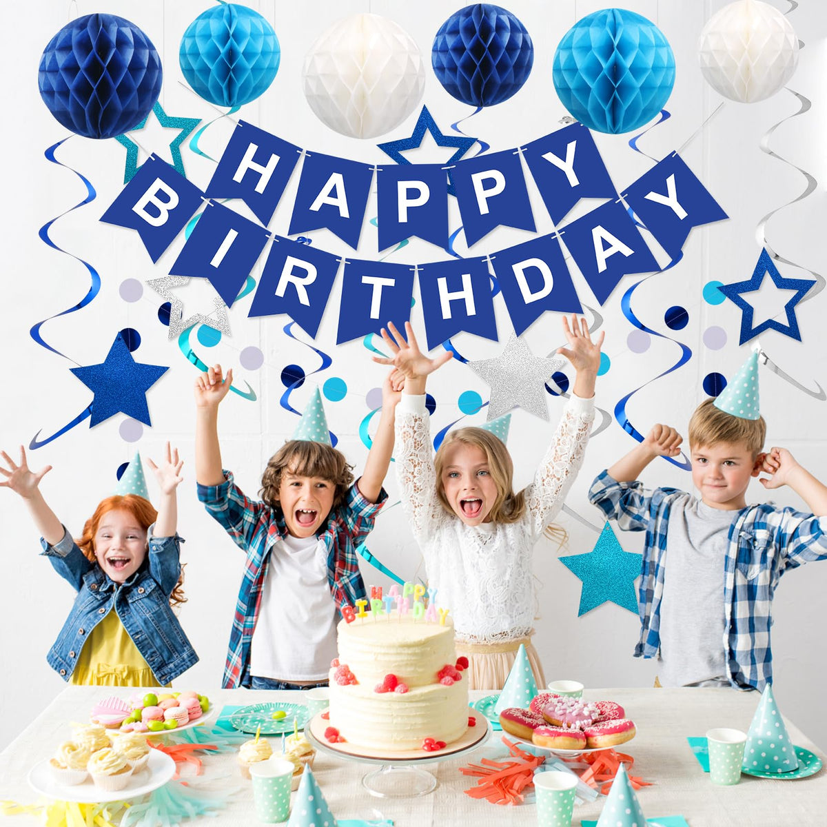 meowtastic Birthday Decorations Happy Birthday Banner with Honeycomb Balls | 16pcs Birthday Set: 1 Banner+6 Honeycomb Balls+8 Star Spirals+1 Circle Dots, Happy Birthday Decor - Blue