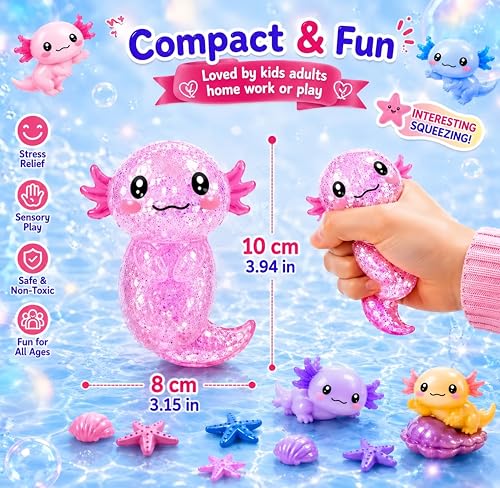2PCS Axolotl Squishy Stress Relief Toy,Glitter Fidget Squishy Toys,Cute Axolotls Squeeze Toys, Fidget Toys for Adults,Party Favors (Blue+Pink Axolotl)