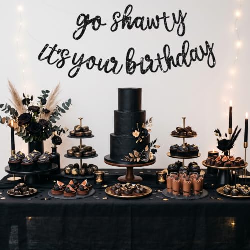 BEISHIDA Glitter Black Pre-Strung Go Shawty It's Your Birthday Banner Decor | NO DIY,birthday decorations for women,Hip Hop Rap Theme Sign,Happy Birthday Banner,Rap Theme Happy Birthday Sign