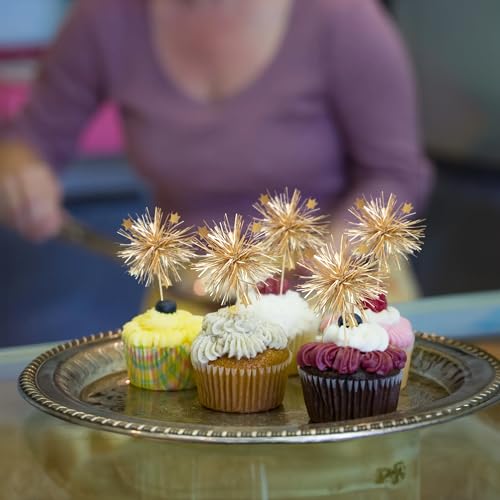 Gyufise 30Pcs Foil Firework Cupcake Toppers Happy Birthday Cake Toppers Sparkle Tinsel Flower Drink Stirrers Cocktail Food Fruit Toothpicks for Valentine's Day Party Supplies Gold
