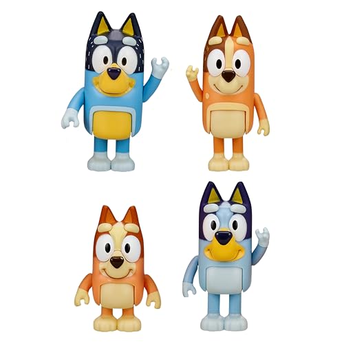 Bluey Family Figure 4-Pack, Poseable Toys with Bingo & Bandit | Movable arms & legs, portable size for on-the-go play; toddler figurine toys for kids ages 3+, thoughtful gift