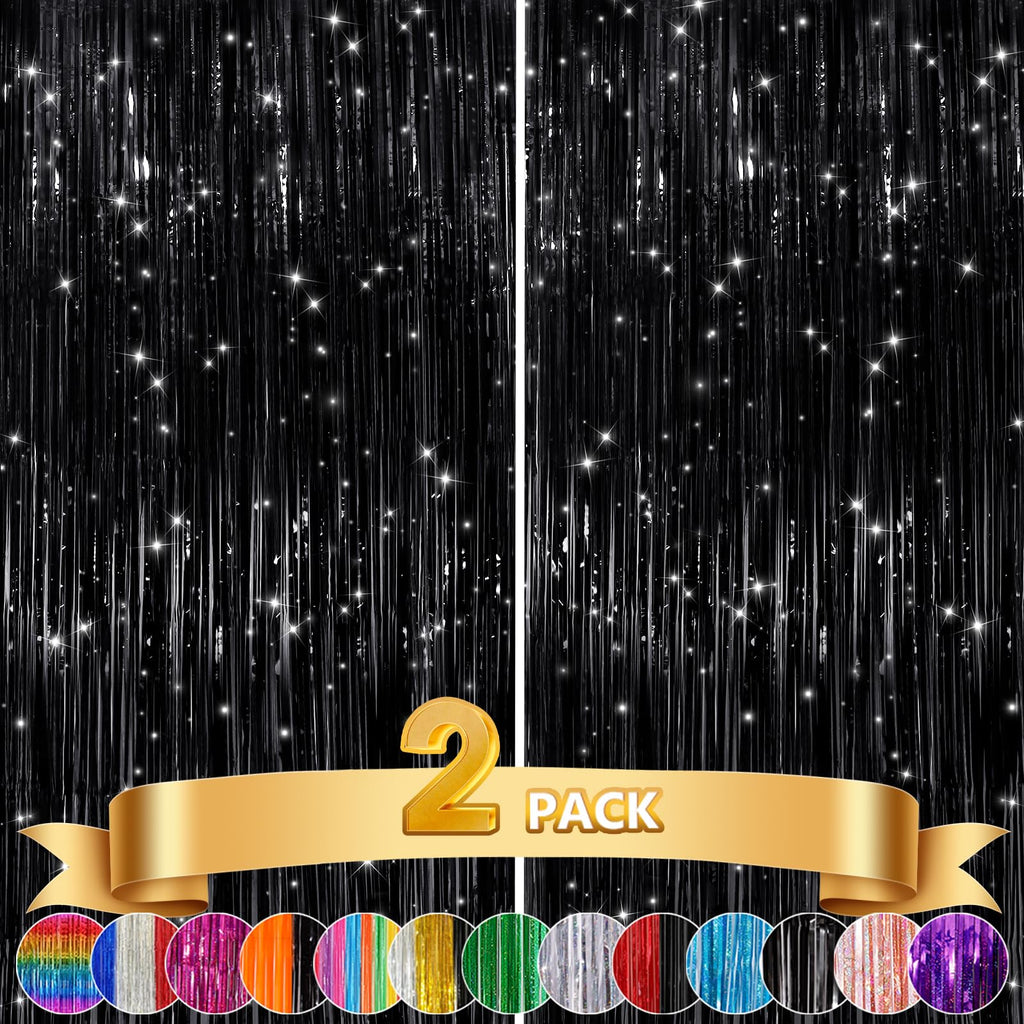 GCB 2Pack Black Metallic Tinsel Foil Fringe Curtain, Black Curtain Backdrop | Photo Booth Props for Birthday, Wedding, Graduation, Baby Shower Bachelorette Xmas Celebration Party Decors Door Streamers