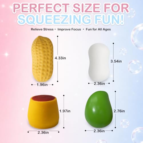 Tyarcox 4 Pack Crunchy Squishy Stress Ball, Mango Pudding Peanut & Soap Block Flake Filled ASMR Fidget, Moldable Sensory Squeeze Gift with Premium Box, Party Favors & Gifts