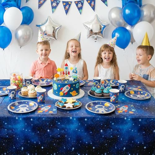 3 Pack Plastic Space Tablecloths, Disposable Galaxy Themed Tablecloth | Waterproof Rectangle Star Party Table Cover for Home Party Decorations 54 x 108 Inch