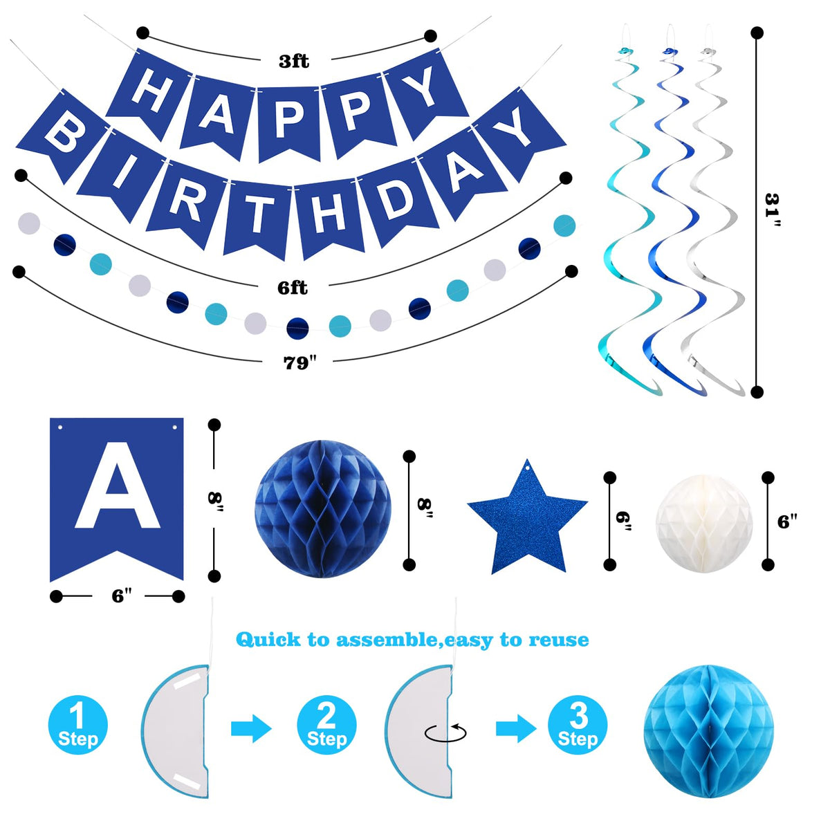 meowtastic Birthday Decorations Happy Birthday Banner with Honeycomb Balls | 16pcs Birthday Set: 1 Banner+6 Honeycomb Balls+8 Star Spirals+1 Circle Dots, Happy Birthday Decor - Blue