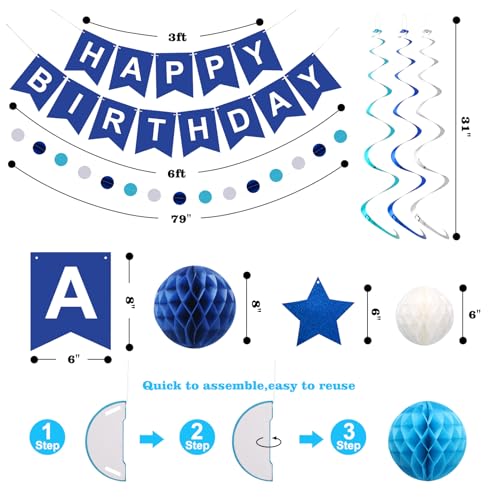meowtastic Birthday Decorations Happy Birthday Banner with Honeycomb Balls | 16pcs Birthday Set: 1 Banner+6 Honeycomb Balls+8 Star Spirals+1 Circle Dots, Happy Birthday Decor - Blue