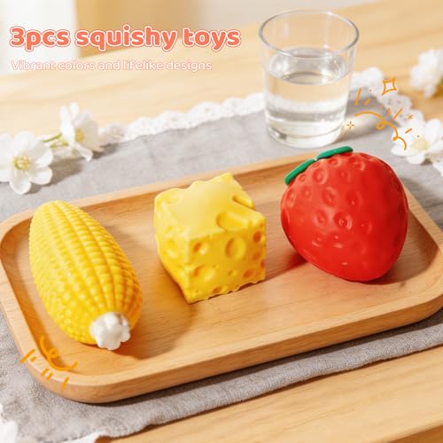 dZbGift 3pcs Fruit Squishy- Cheese Squishy,Strawberry Corn Squishy,Squeeze Toys,Fruit squishies for Stress Relief,Gift for Boys Girls Adults