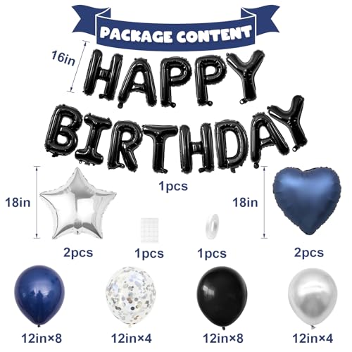 Navy Blue and Black Birthday Decorations for Men Happy Birthday Banner | Blue Black and Silver Confetti Balloons Happy Birthday Decorations for Men Boys Party Decor