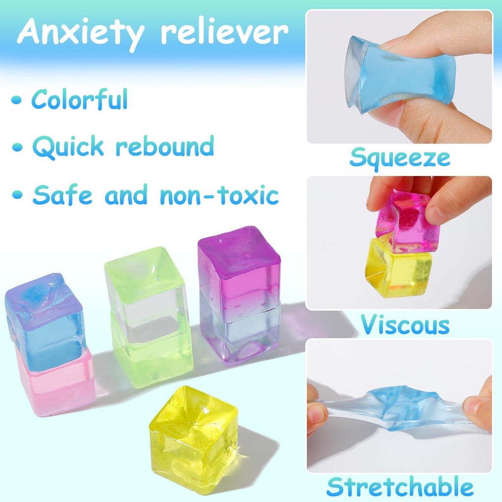 Sensory Toys 24 Pcs Cube Squishy Fidget Stress Toys for Adults Kids | Mini Ice Cube Squishy Toys Anxiety Stress Relief Hand Therapy Sensory Squishy Ball Classroom Prize Box Toys ﻿