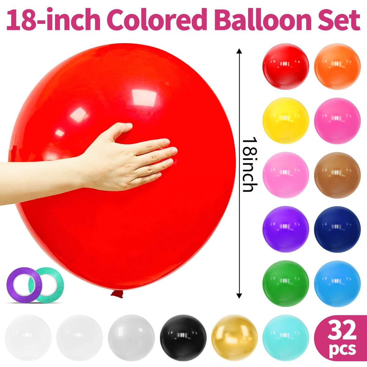32Pcs Big Balloons 18 Inch Assorted Colors, Round Large Latex Party Balloons for Birthday Wedding Decorations.