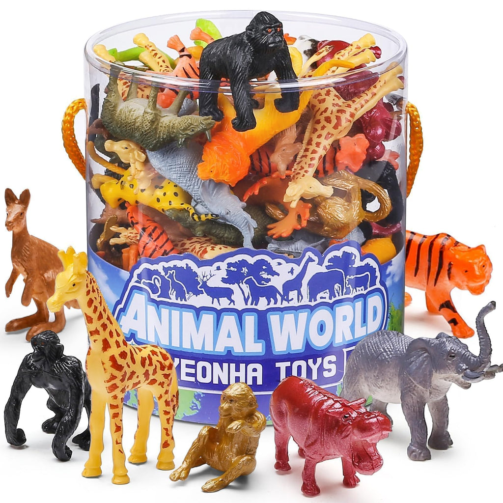 60 Piece Mini Zoo Animal Toy with Gift Box, Plastic Jungle Animal Figurines | Realistic Small Animal Figures Sensory Bins, Party Favors, Cupcake Topper, School Education, Birthday Gifts for Children