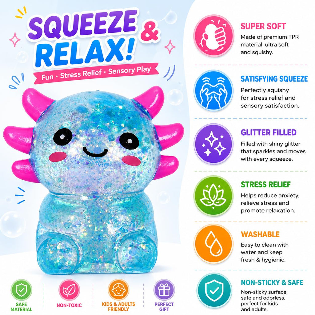 Tibberly Axolotl Squishy Stress Ball, Soft Slow Rising Sensory Toy | Cute soft axolotl squishy with a slow rising feel for squeezing, sensory play, relaxation, focus and everyday stress relief.