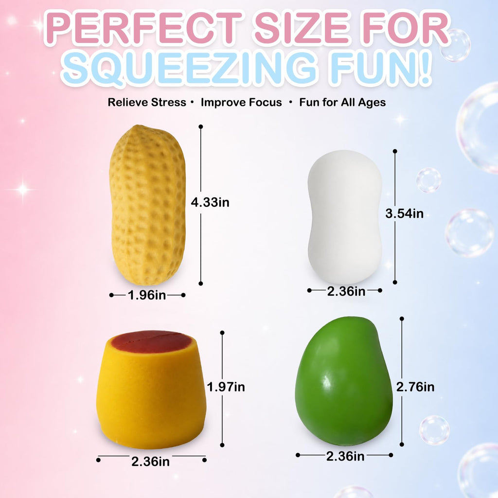 Tyarcox 4 Pack Crunchy Squishy Stress Ball, Mango Pudding Peanut & Soap Block Flake Filled ASMR Fidget, Moldable Sensory Squeeze Gift with Premium Box, Party Favors & Gifts