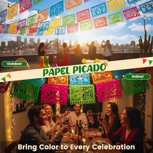 DOMESTAR Mexican Party Decoration, 18 FT Plastic Papel Picado Fiesta Banner | Day of the Dead Dia De Los Muertos Garland for Mexican, Birthday Fiesta Party Supplies, Cinco De Mayo Decoration