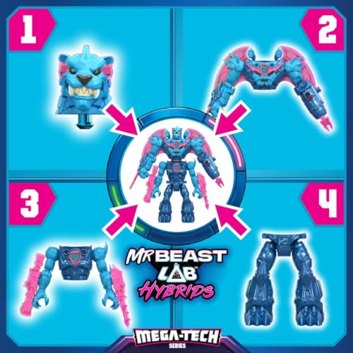 MrBeast Lab Hybrids Mega Pack, 4 Mix & Match Figures, 7 Accessories | 4-inch action figures with 10 points of articulation; crack the MrBeast Lab Containment Vessel to reveal MrBeast toys