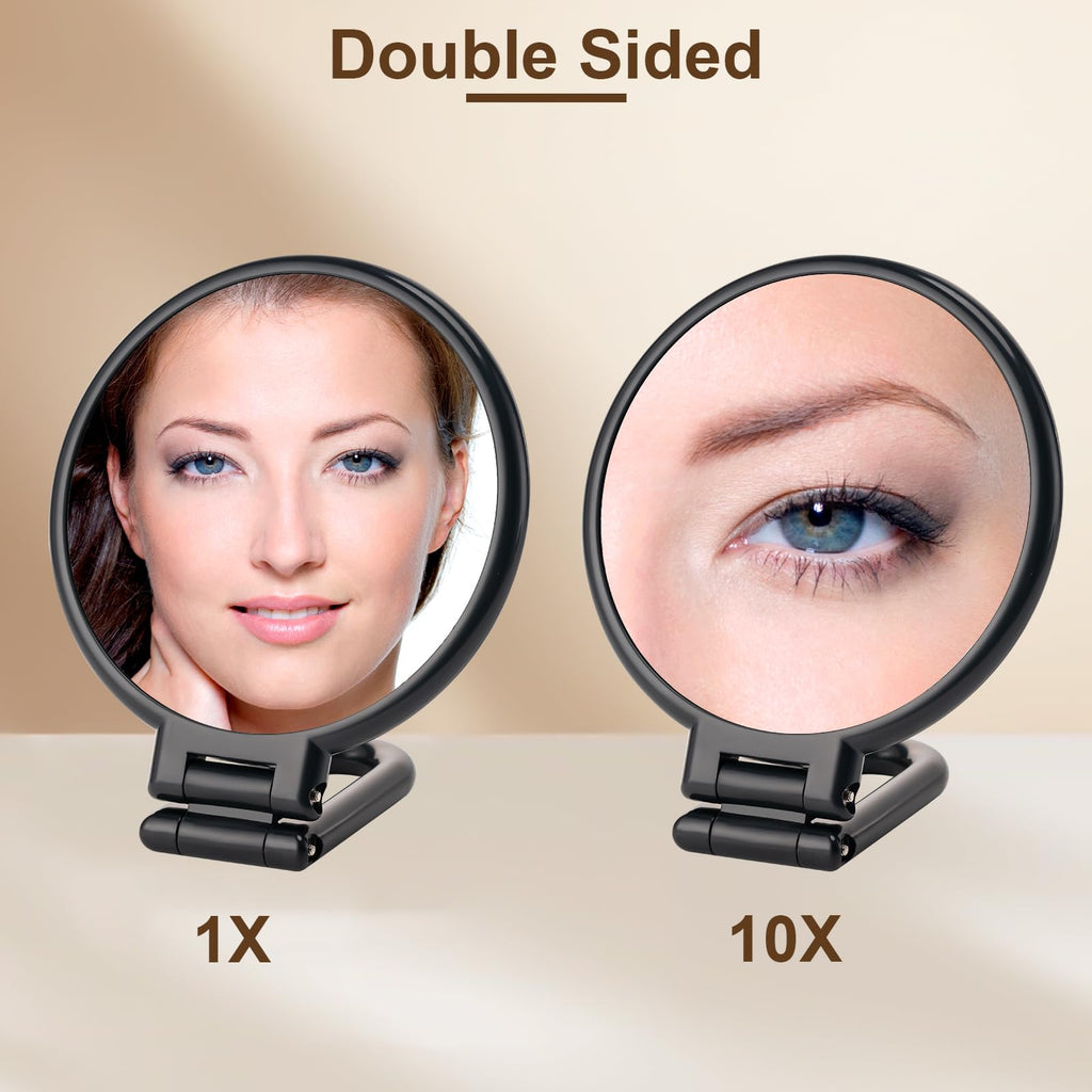10X Magnifying Mirror, Double Side Handheld Mirror, Travel Makeup Mirror | 1X/10X Magnification, Adjustable Rotation Handle/Stand, Portable Foldable Hand Mirror, Travel Essential, Black