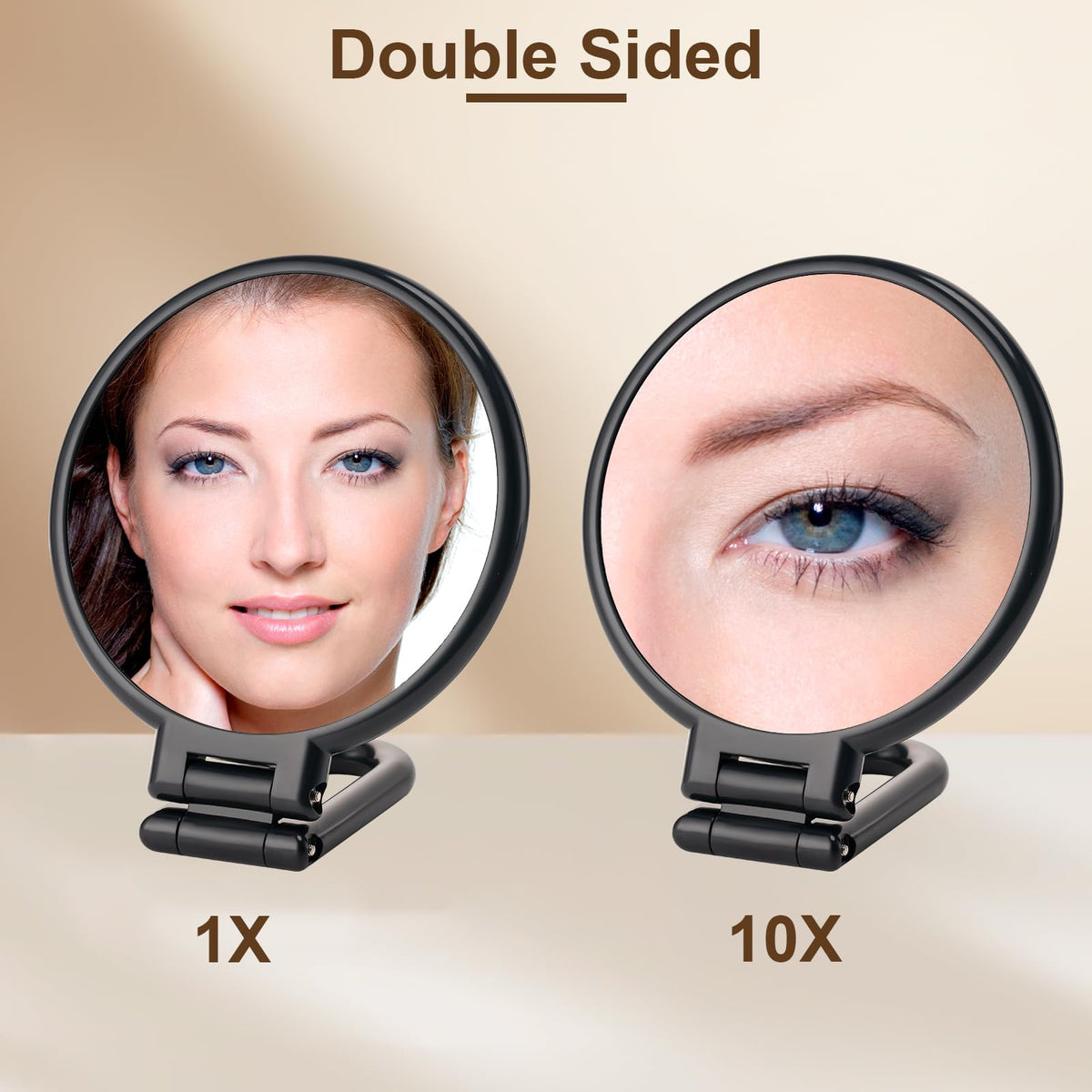 10X Magnifying Mirror, Double Side Handheld Mirror, Travel Makeup Mirror | 1X/10X Magnification, Adjustable Rotation Handle/Stand, Portable Foldable Hand Mirror, Travel Essential, Black