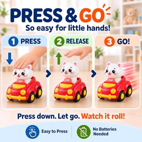 Press to Go Cars for Toddlers 1-3, 4-Pack Animal Toys for 1 Year Old Boy | 4-Pack Animal Cars, Push Go Baby Toys for 6-18 Months, Montessori Vehicle Set, First Birthday Gift for 1 Year Old Boy