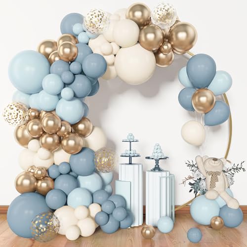 Amandir 153pcs Dusty Blue Balloon Garland Arch Kit Different Sizes | 18 12 10 5inch Blue White Sand Latex Metallic Confetti Gold Balloons Baptism Birthday Boho Shower Party Decoration Supplies
