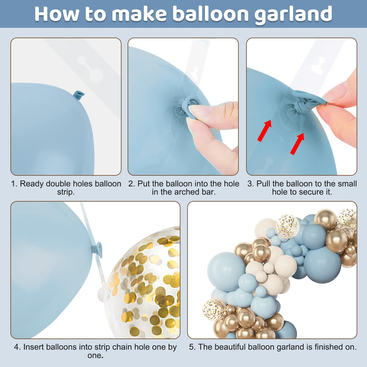 Amandir 153pcs Dusty Blue Balloon Garland Arch Kit Different Sizes | 18 12 10 5inch Blue White Sand Latex Metallic Confetti Gold Balloons Baptism Birthday Boho Shower Party Decoration Supplies