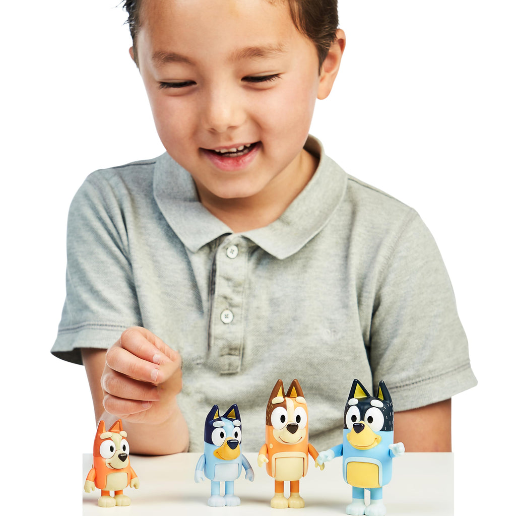 Bluey Family Figure 4-Pack, Poseable Toys with Bingo & Bandit | Movable arms & legs, portable size for on-the-go play; toddler figurine toys for kids ages 3+, thoughtful gift