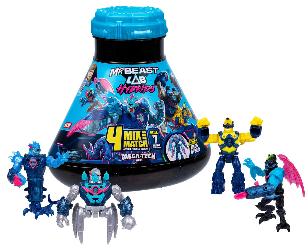 MrBeast Lab Hybrids Mega Pack, 4 Mix & Match Figures, 7 Accessories | 4-inch action figures with 10 points of articulation; crack the MrBeast Lab Containment Vessel to reveal MrBeast toys