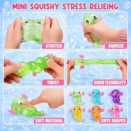 2PCS Axolotl Squishy Stress Relief Toy,Glitter Fidget Squishy Toys,Cute Axolotls Squeeze Toys, Fidget Toys for Adults,Party Favors (Blue+Pink Axolotl)