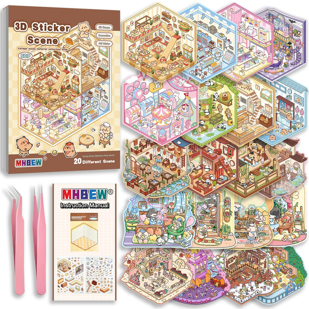 20 Sets DIY 3D Sticker Scene Book for Kids Adults Cozy Room Sticker Therapy | Cute Make Your Own Mini House Miniature Scene Stickers, Gifts for Adult Relief Stress Pass The Time, Hamburg Castle Library