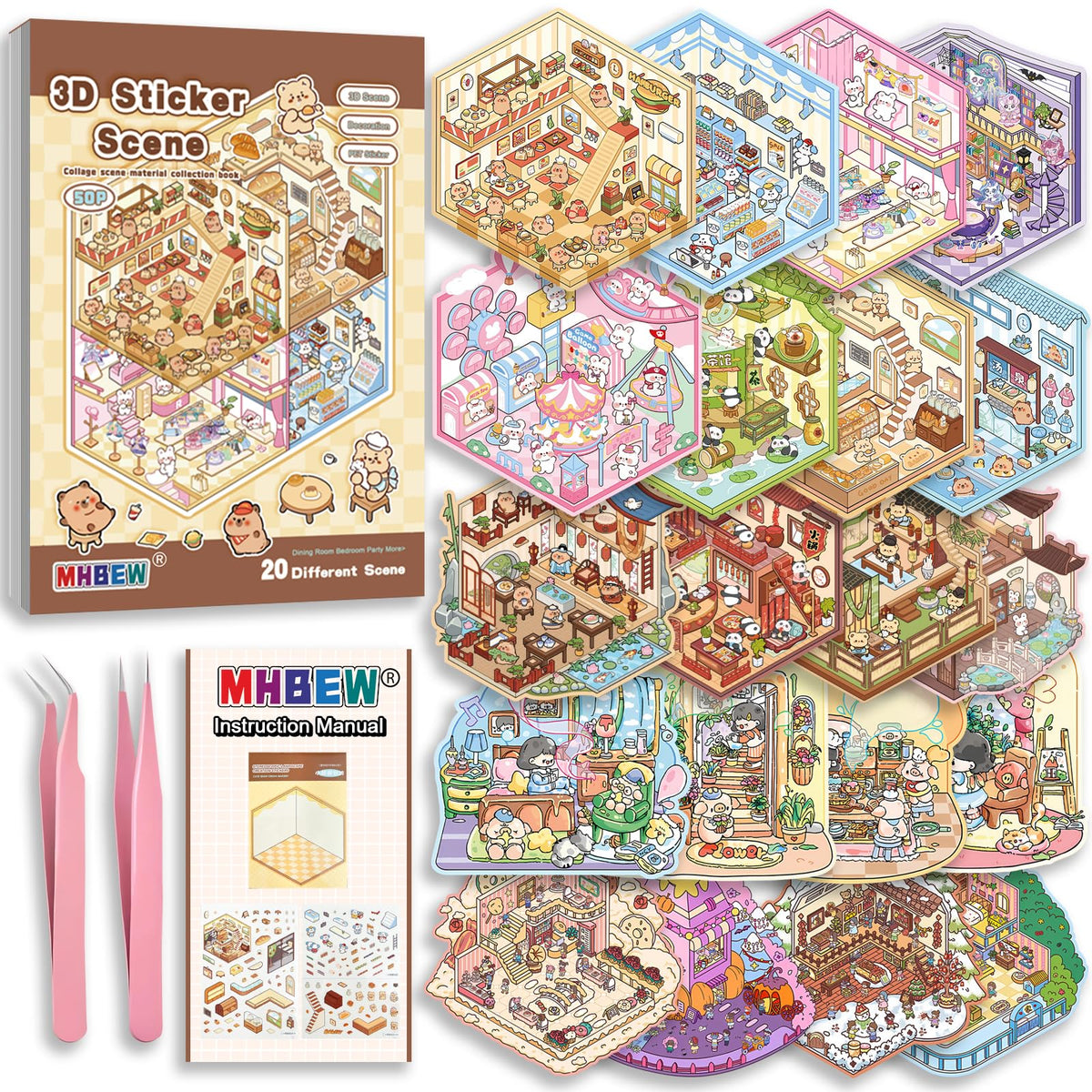 20 Sets DIY 3D Sticker Scene Book for Kids Adults Cozy Room Sticker Therapy | Cute Make Your Own Mini House Miniature Scene Stickers, Gifts for Adult Relief Stress Pass The Time, Hamburg Castle Library